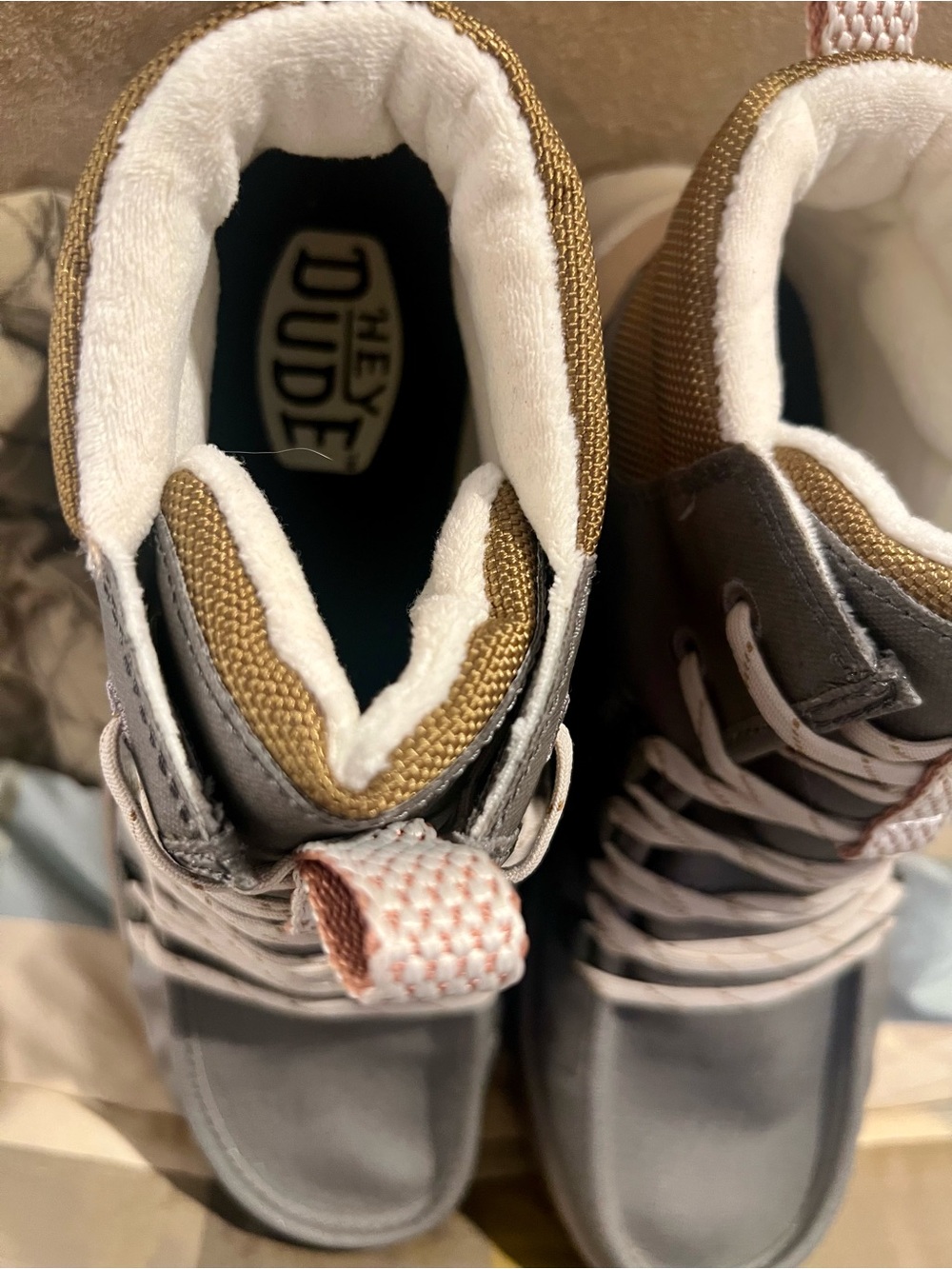 Hey Dude women’s Gray, gold and khaki High-Top Boots